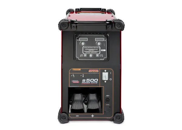 Front view of the Lincoln Power Wave S500 Advanced Process Factory Demo Welder (U2904-1) in red and black, featuring switches, two foot pedals, and multiple control and power sockets.