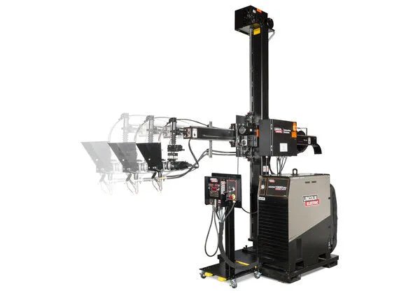 Lincoln Power Wave AC/DC 1000SD Sub Arc Welder U2803-1 with robotic arm, control panel, and cables at WeldingMart.