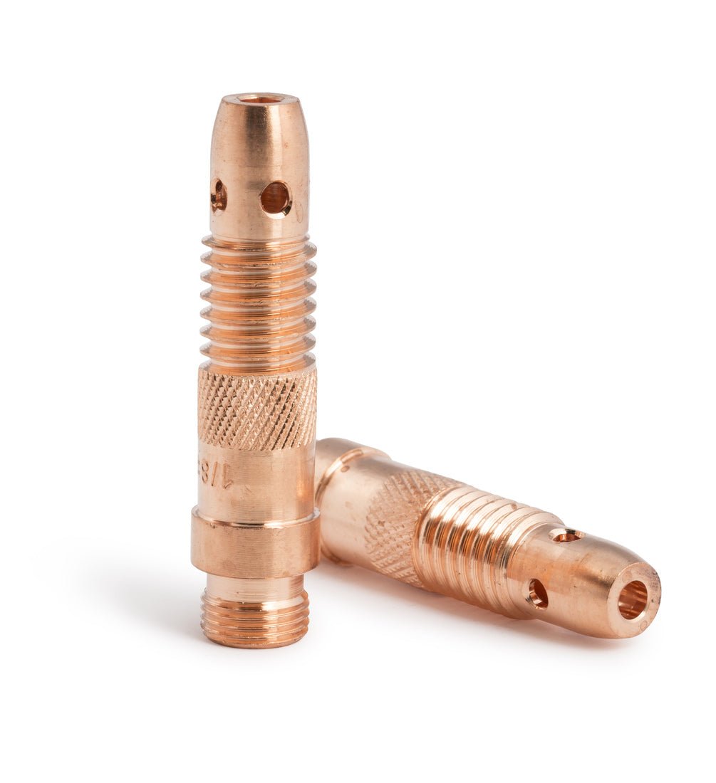 Two copper-colored Lincoln COLLET BODY (1/8) KP2032-5B1 pieces are shown: one upright, showing its threaded and knurled details, and one lying diagonally in front. Both feature holes and a smooth cylindrical shape.