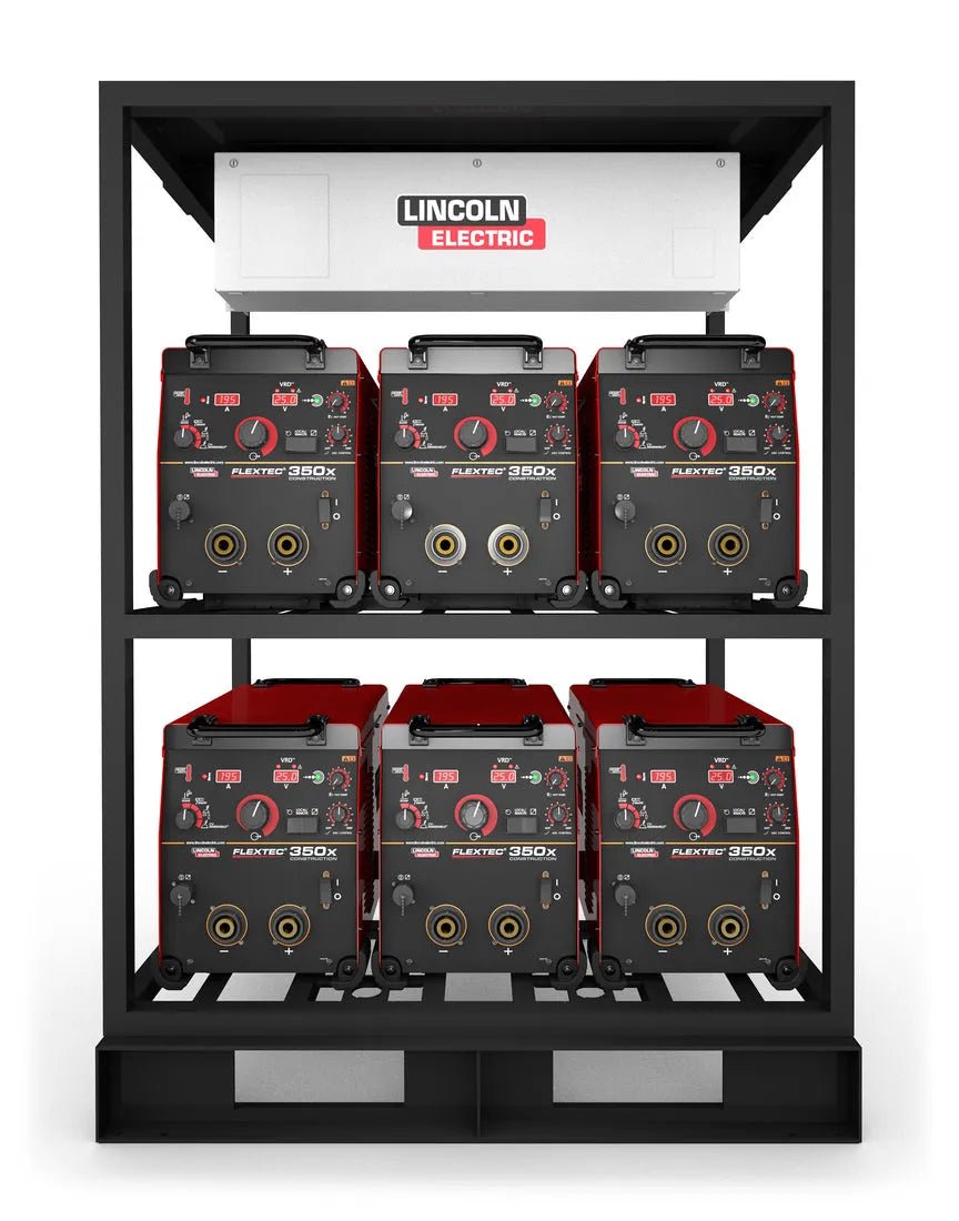 A black Lincoln Flextec 350X Construction 6-Pack Rack w/Casters One-Pak (K4277-3) holds six red and black welding inverters in two rows of three, with a white Lincoln Electric-branded unit on the top shelf.