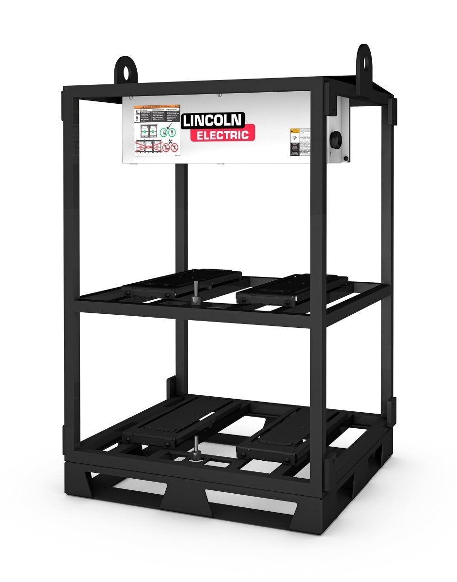 The Lincoln FLEXTEC 650X EMPTY 4-PACK RACK is a black metal industrial frame with two shelves and top mounting points, designed for heavy-duty equipment storage or transport, supporting a white Lincoln Electric control box with warning labels.