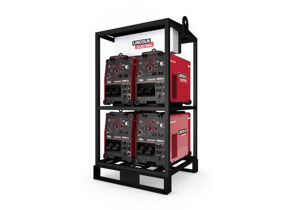 Four Lincoln Flextec® 650X welders are stacked two per level in the black K3510-1 4-Pack Rack, displaying front-panel dials and switches against a plain white background.
