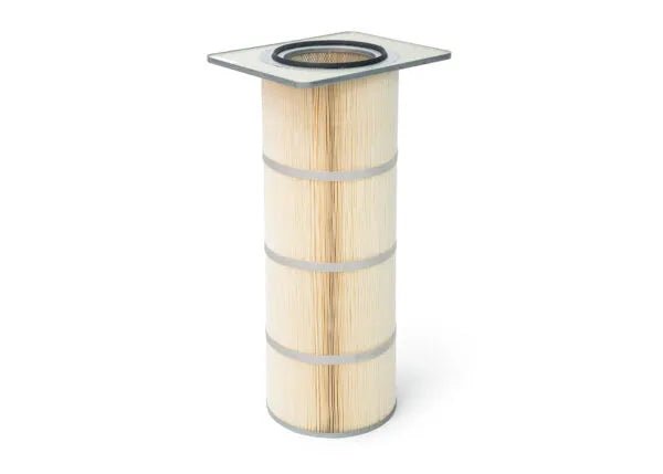 The Lincoln Filter KP4519-4, a cylindrical MERV 11 oil-resistant polyester filter with beige pleats, gray horizontal bands, and a flat square metal top with a central circular opening, stands upright on a white background.