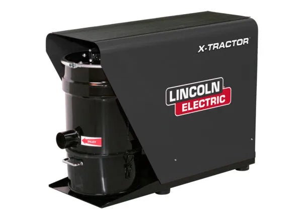 The Lincoln X-Tractor 2 Fume Gun 460/3/60 K3965-2 is a black welding fume extractor with a cylindrical inlet base, sturdy legs, an enclosed top, and advanced air filtration for effective fume extraction.