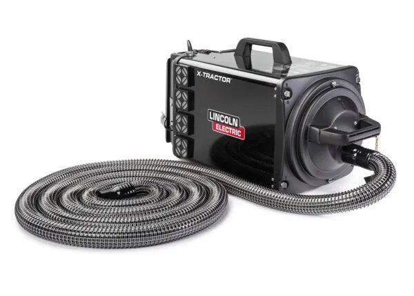 The Lincoln X-Tractor 1 Fume Gun 230/1/50/60 (Model K652-2) is a black, portable fume extractor with a carrying handle, control knobs, and flexible hose—ideal for efficient welding fume extraction or air filtration.