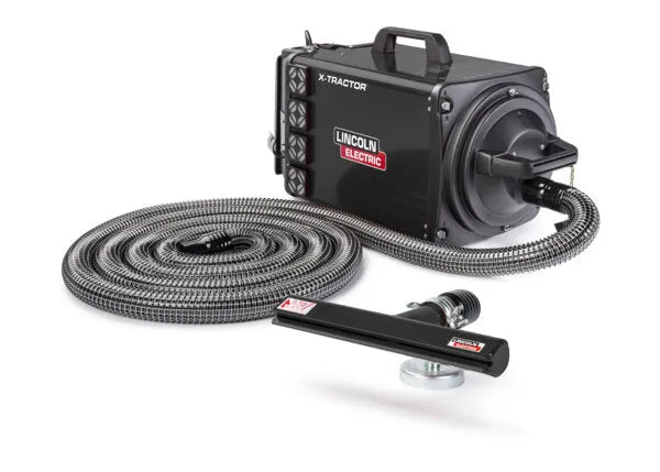 The Lincoln X-Tractor1GC and SHM-300 Nozzle 120/1/50/60 One-Pak K4260-4 is a portable welding fume extractor with a handle, control panel, and flexible hose with wide nozzle, designed for efficient industrial fume removal.