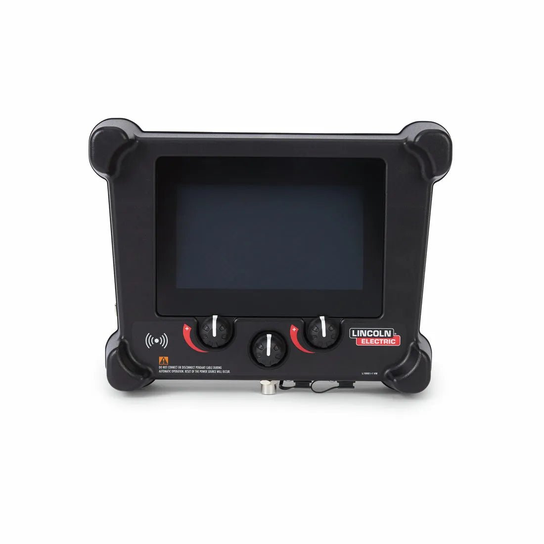 The Lincoln K5425-1 AUTOMATION INTERFACE PENDANT is a black control panel with a large central display, three adjustment knobs below, and rounded corners, shown front-facing on white—designed for robotic welding system automation.