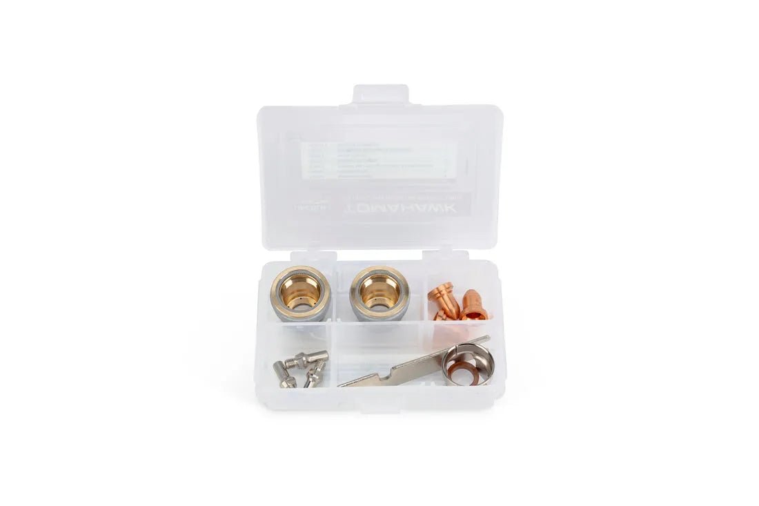 Lincoln KP5595-1 Consumable Starter Kit for LC30 Torch in clear plastic case with copper fittings, welding tools, and accessories.