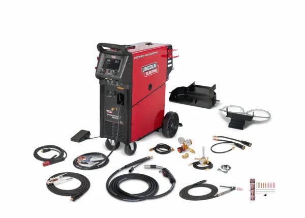 Lincoln Power MIG 262MP Welder in red with digital display, wheels, handle, and full welding accessories from WeldingMart.