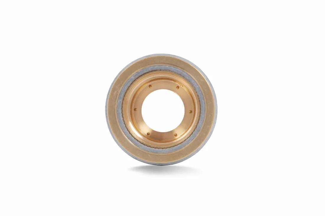 Lincoln KP2842-7 Retaining Cap LC30 welding accessory, circular bearing with gold inner ring, silver outer ring, on white background.