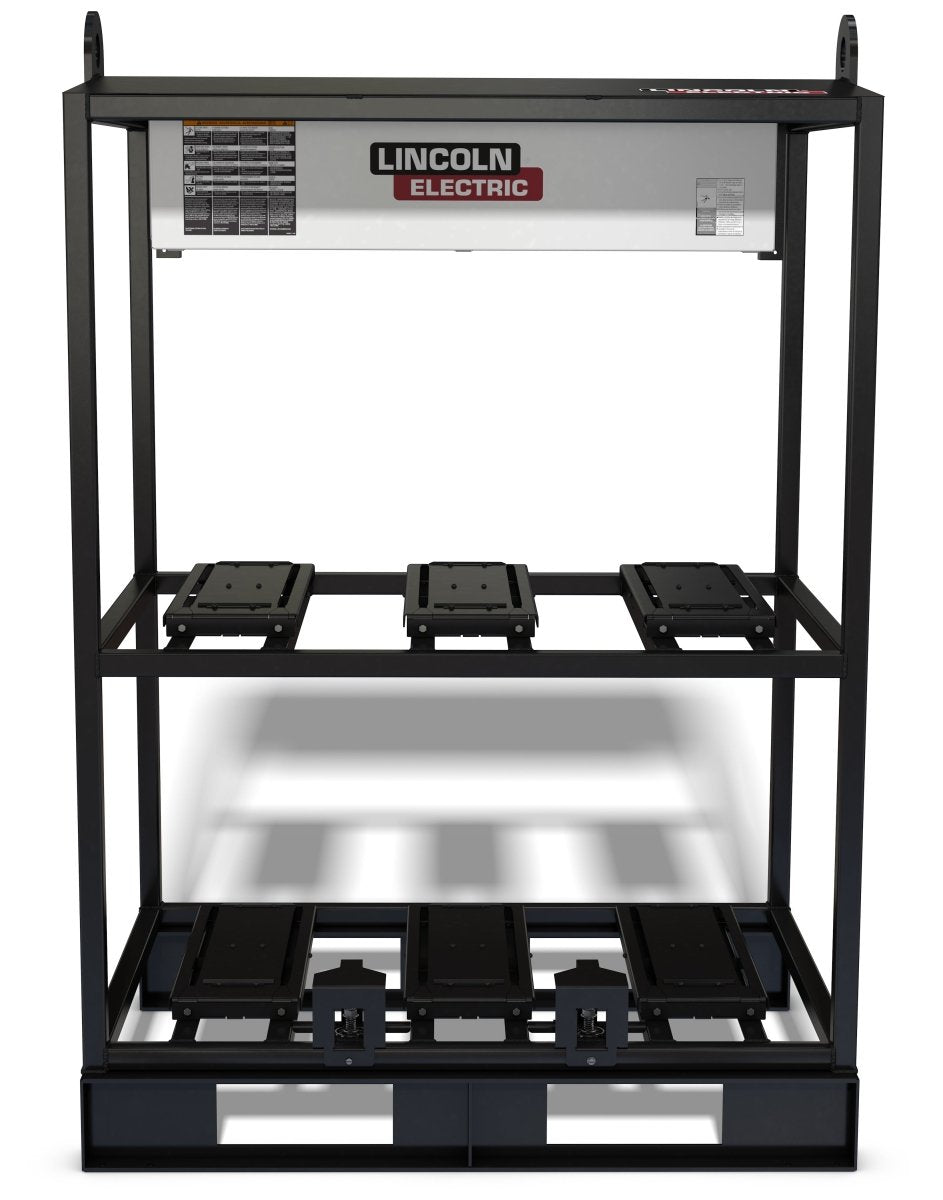 The Lincoln FLEXTEC 500X EMPTY 6-PACK RACK is a black metal rack by Lincoln Electric featuring multiple shelves and mounting plates, designed to organize and hold up to six welding machines and accessories.