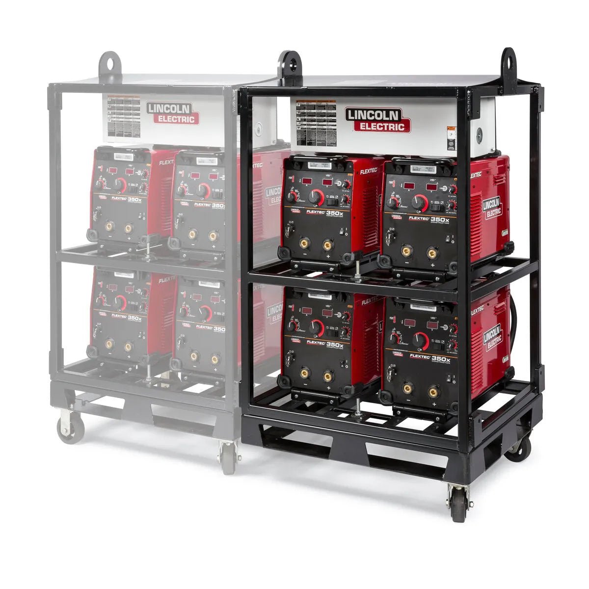 Two metal inverter racks, each equipped with a Lincoln Caster Kit K2665-1 for mobility, hold several red Lincoln Electric welding machines. The right rack shows four welders clearly; the left is faded with only faint outlines visible.