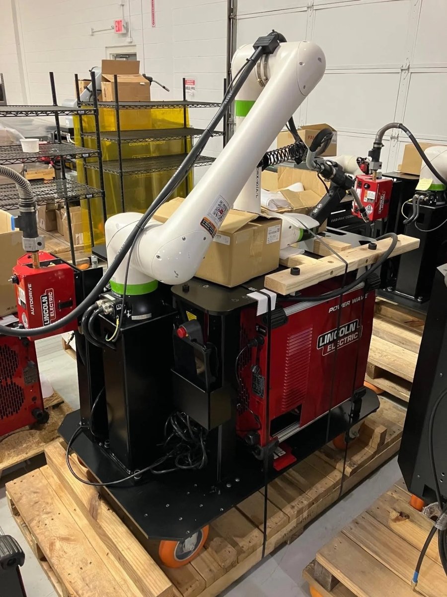 Lincoln Cooper CRX-10iA/L Air-Cooled Welding Cobot Cart with robotic arm and welder, ideal for industrial welding automation.