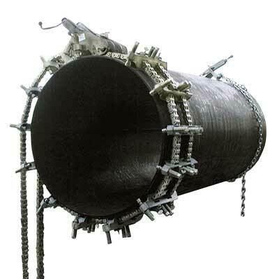 Mathey Dearman Double Chain Pipe Clamp D251-1016FSS for welding, fits 10-192" pipes, with adjustable arms and chains.