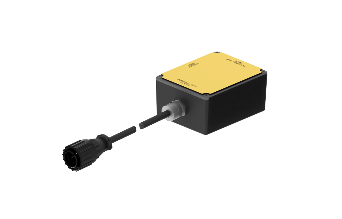 Bug-O Trigger Adapter Assy Push/Pull 100-0768 for Millermatic 350P welding systems, yellow top, black body, cable connector.