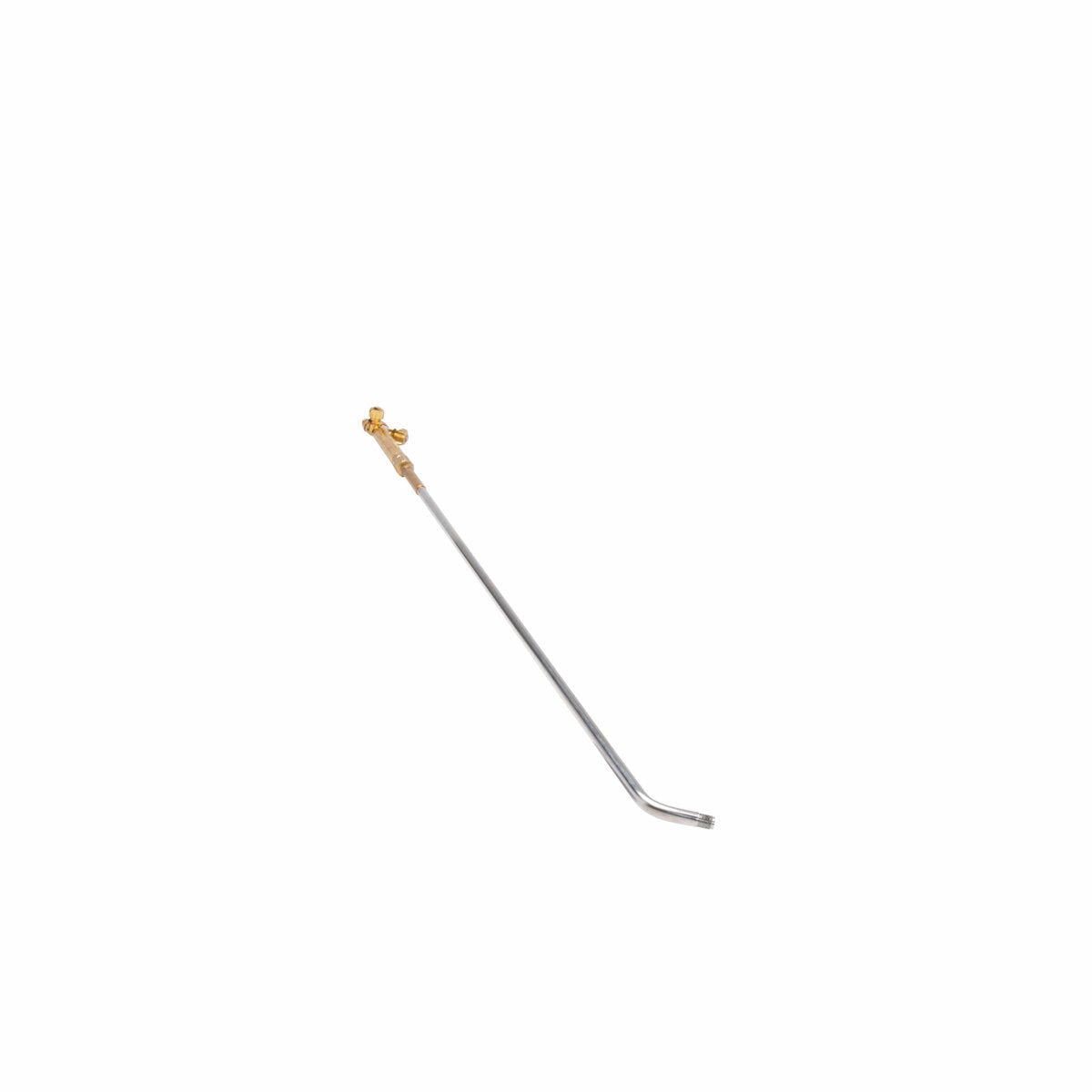 The Harris Model K-43-4 Heating Torch Assembly (1801380) features a 10 tip tube with a slight bend and a gold-colored valve, making it ideal for use with alternate fuels; shown here against a plain white background.