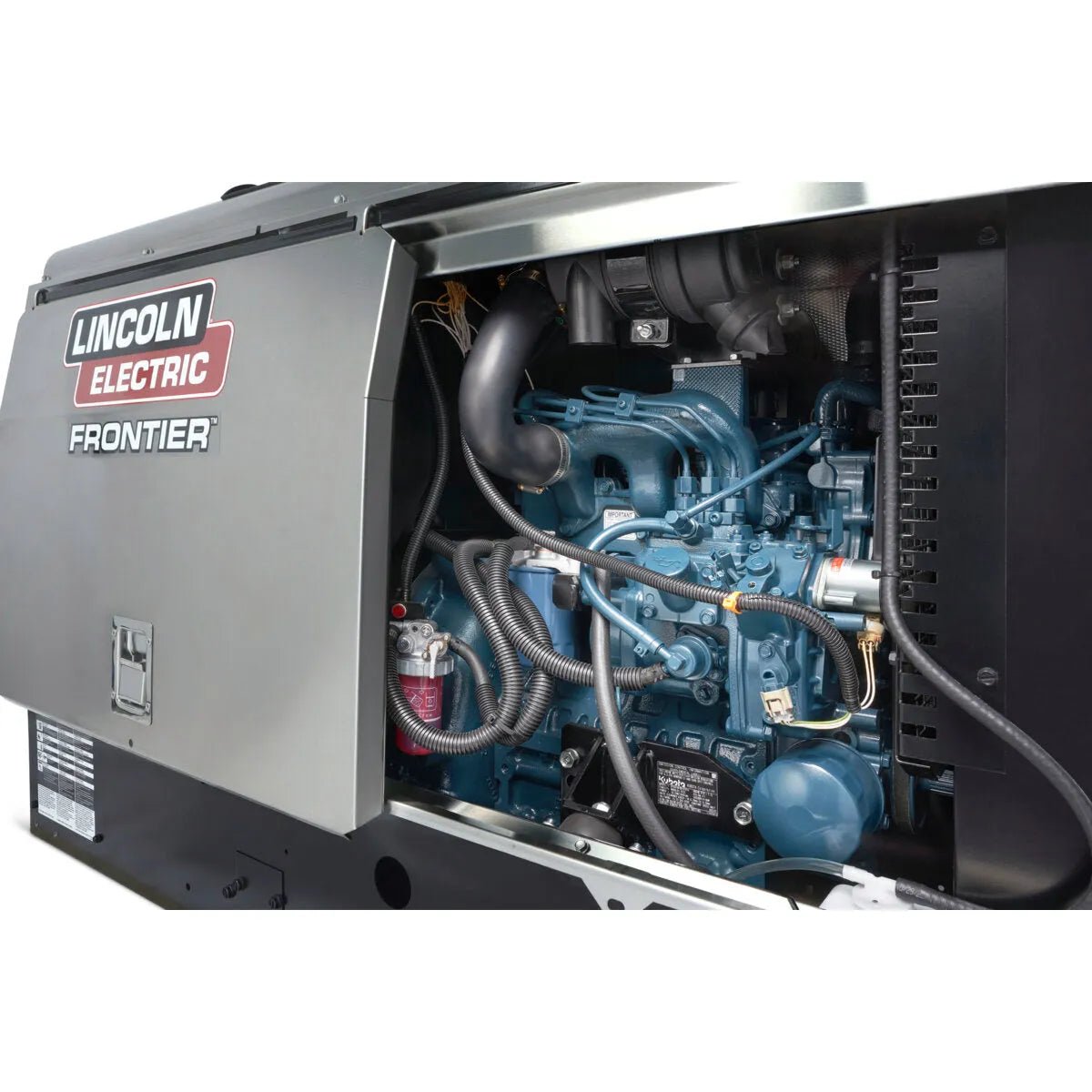 Lincoln Frontier 400X Engine-Driven Welder/Generator (K3484-2) close-up, showing internal welding equipment and engine parts.