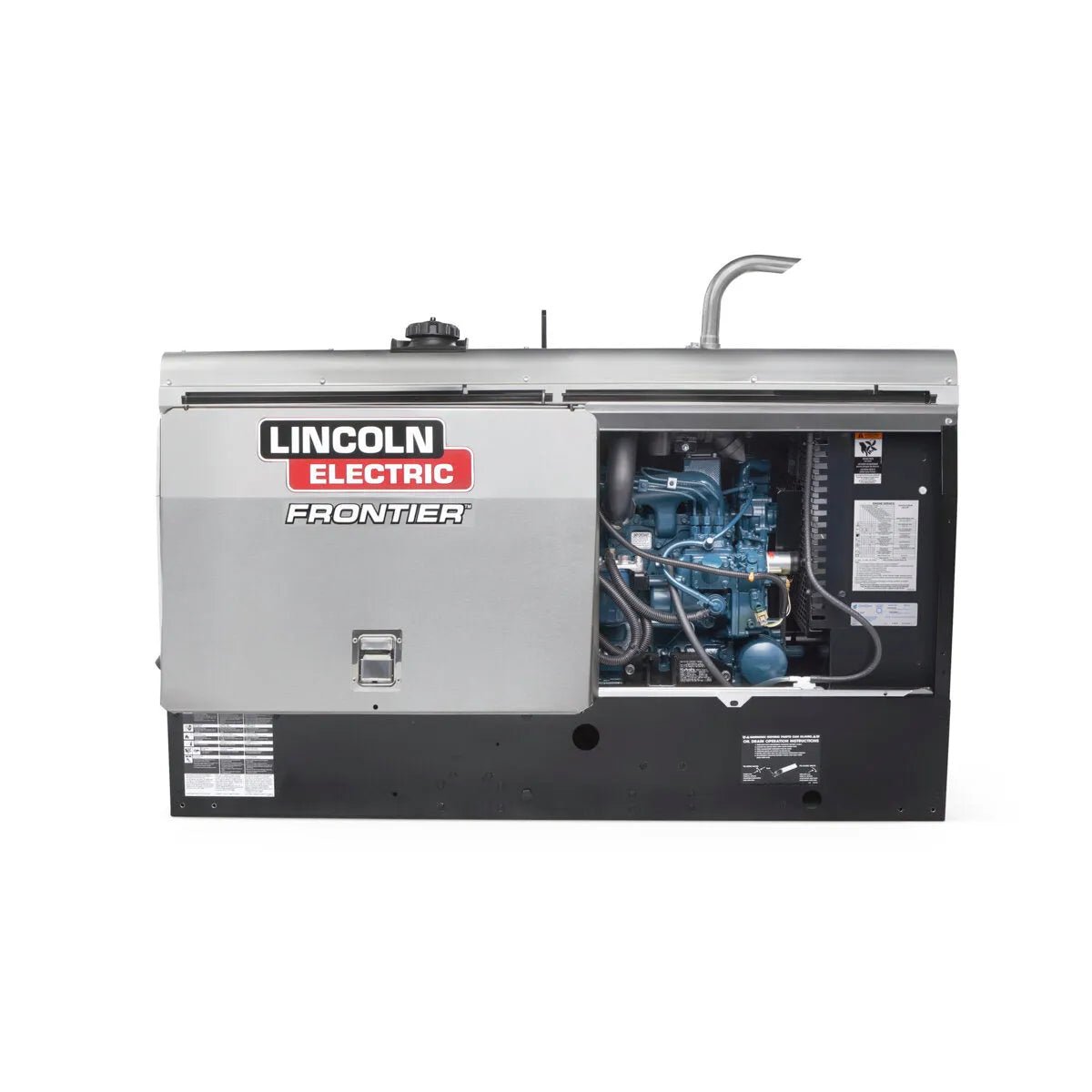 Lincoln Frontier 400X Engine-Driven Welder/Generator K3484-2 with open metal cover, controls, labels, and multi-process welding options.