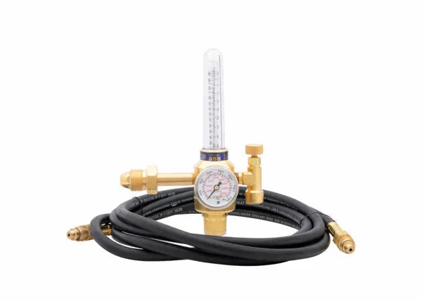Harris 3100338 argon/helium regulator gas kit with brass regulator, flowmeter, hose for welding equipment on white background.