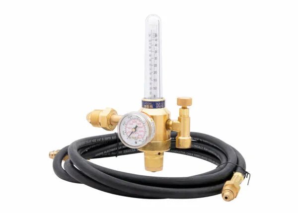 Harris Argon/Helium Regulator Flowmeter Kit—brass gauge, flow meter, hoses for welding gas, WeldingMart equipment.