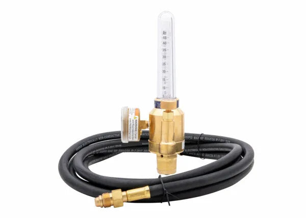 Harris 3100338 Argon/Helium Flowmeter Regulator Gas Kit with brass gauge and hose—welding accessory at WeldingMart.