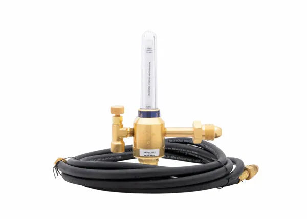Harris 3100338 Argon/Helium Regulator Flowmeter Kit with brass regulator, gauge, black hose—essential welding gas equipment.