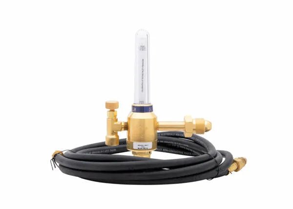 Harris 3100338 Argon/Helium Regulator Flowmeter Kit with brass regulator, gauge, black hose—essential welding gas equipment.