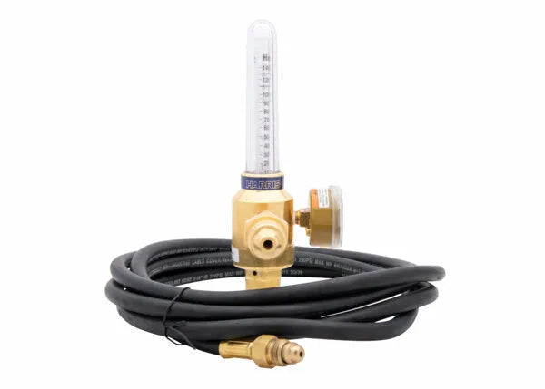 Harris 3100338 Argon/Helium Shielding Gas Regulator Kit with pressure gauge, flowmeter, and hose for welding applications.