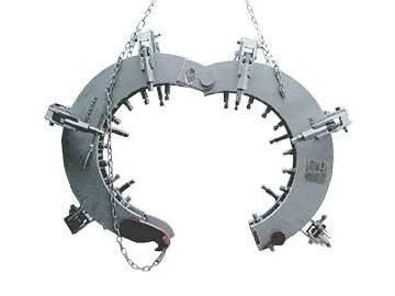 Mathey Dearman 34-40" MEGA RIM CLAMP (D711-3440M) welding pipe beveling tool with chains, crescent-shaped, on white background.