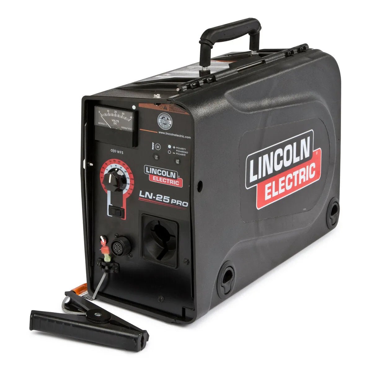 Lincoln LN-25 PRO Wire Feeder Standard K2613-5 welding machine with clamp and controls, top handle, shown on white. WeldingMart.