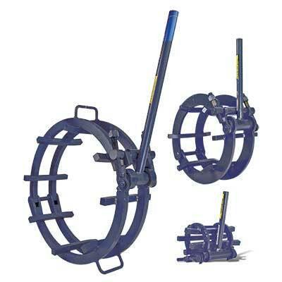 Three views of a heavy-duty cage clamp tool with a long handle, designed for precise pipe alignment and holding large pipes in place during assembly—no tack welding required. The clamp features circular frames and secure tightening mechanisms.