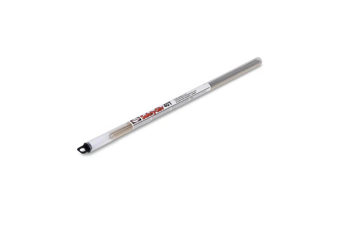 A transparent tube labeled “Harris 40T518L - Safety-Silv 40T Silver Brazing Alloy, 3/32 in (2.4 mm), 15 toz,” holds several silver rods and features a black screw cap, resembling cadmium-free brazing alloy packaging on a white background.