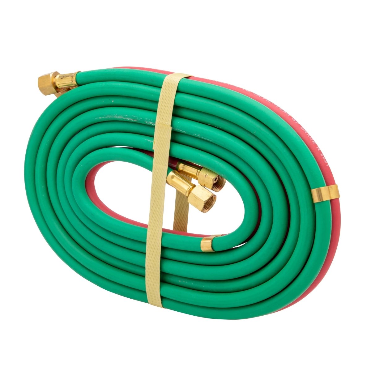 Harris Twin Acetylene Welding Hose 3/16" x 12', R-Grade, brass fittings, green/red, welding equipment accessory.