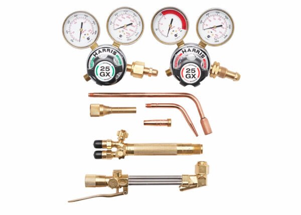 Harris Heavy Duty 25GX Ironworker Rosebud Welding Kit with gauges, torch handles, nozzles & fittings on white - WeldingMart.