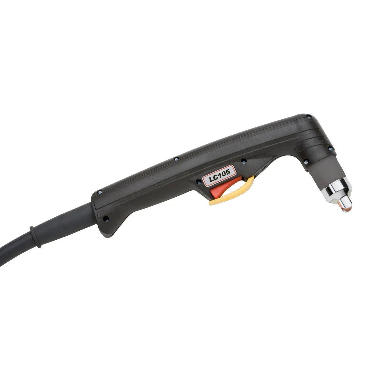 The Lincoln Tomahawk LC65 Handheld Plasma Torch 50 ft (15 m) K2848-2 is a black plasma cutting tool with a large yellow trigger and silver metal nozzle attached to a thick black cable, shown against a plain white background.