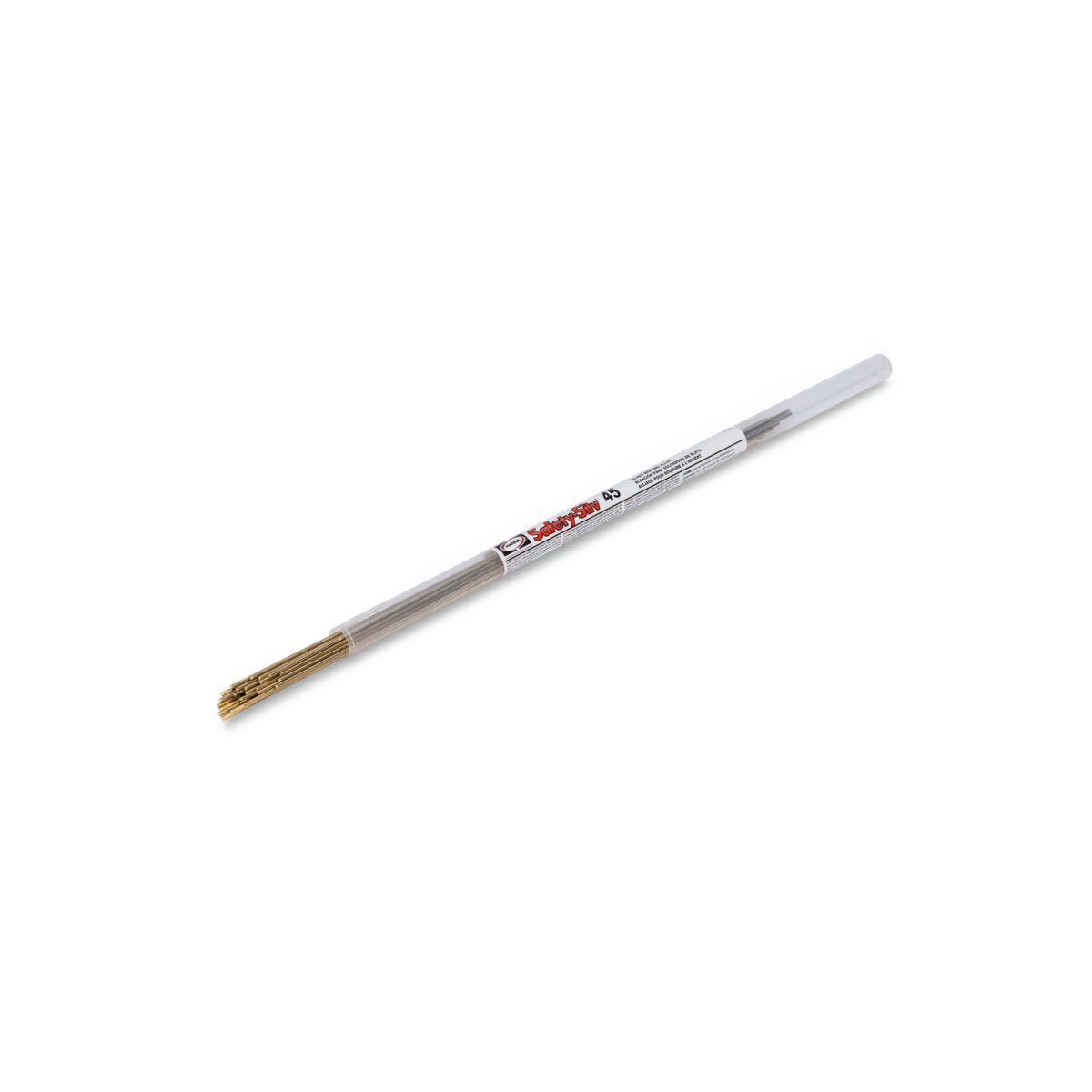 A clear plastic tube labeled Harris 45518L - Safety-Silv® 45 packs several slim silver-colored alloy rods (3/32 x 18 in.), each with a transparent cap—convenient packaging for brazing copper, similar to gold sewing needle sets.