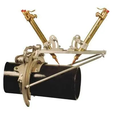 A pipe welding and cutting machine with two torches mounted on a frame, positioned over a black metal pipe for automated cutting or welding operations.