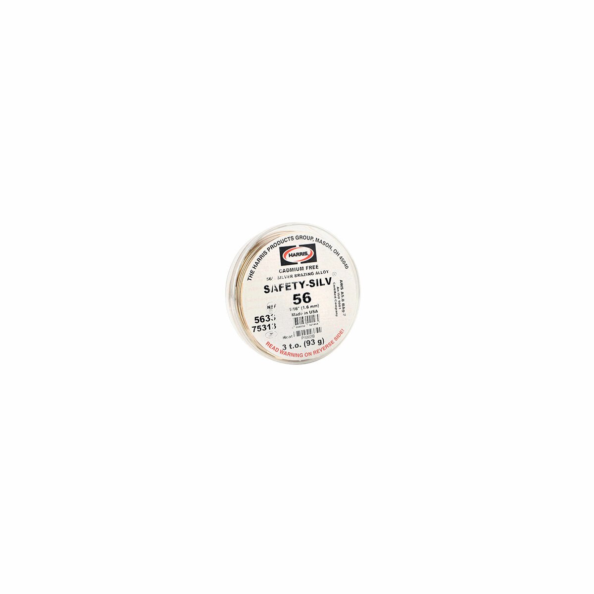 A white spool of Harris 5655 - Safety-Silv 56 high silver brazing alloy (3/32 in., 5 troy oz. cup) features the product label with 56% silver, cadmium-free details, and item numbers in black and red text.
