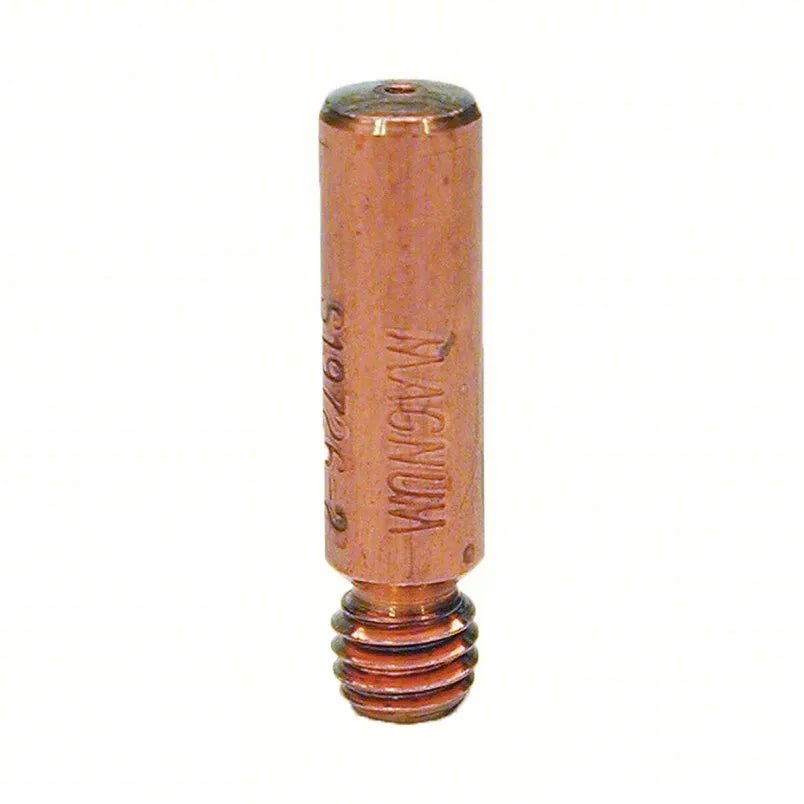 A close-up of a single Magnum Contact Tip with threading at one end, designed for use in MIG welding torches and compatible with Magnum 100L Welding Guns for various welding applications.