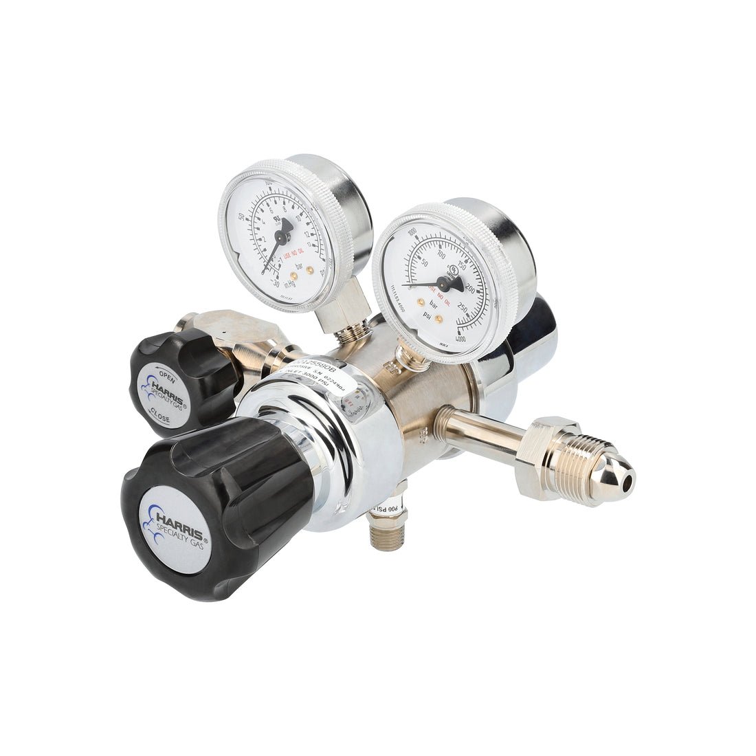 The Harris 702-125-580-B Argon/Helium/Neon/Nitrogen Regulator is a two-stage, dual gauge cylinder regulator with black adjustment knobs and a metallic body, perfect for laboratory use, shown against a white background.