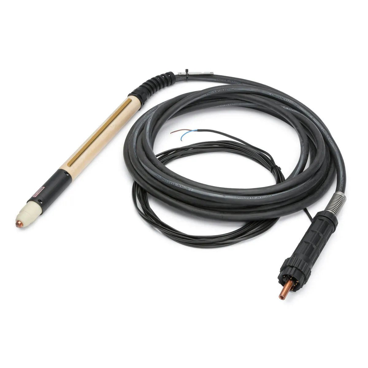 The Lincoln Tomahawk LC65M Machine Plasma Torch 25 ft (7.5m) K2848-3, with coiled black cable and large connector, is shown on a white background—ideal for CNC plasma cutting.