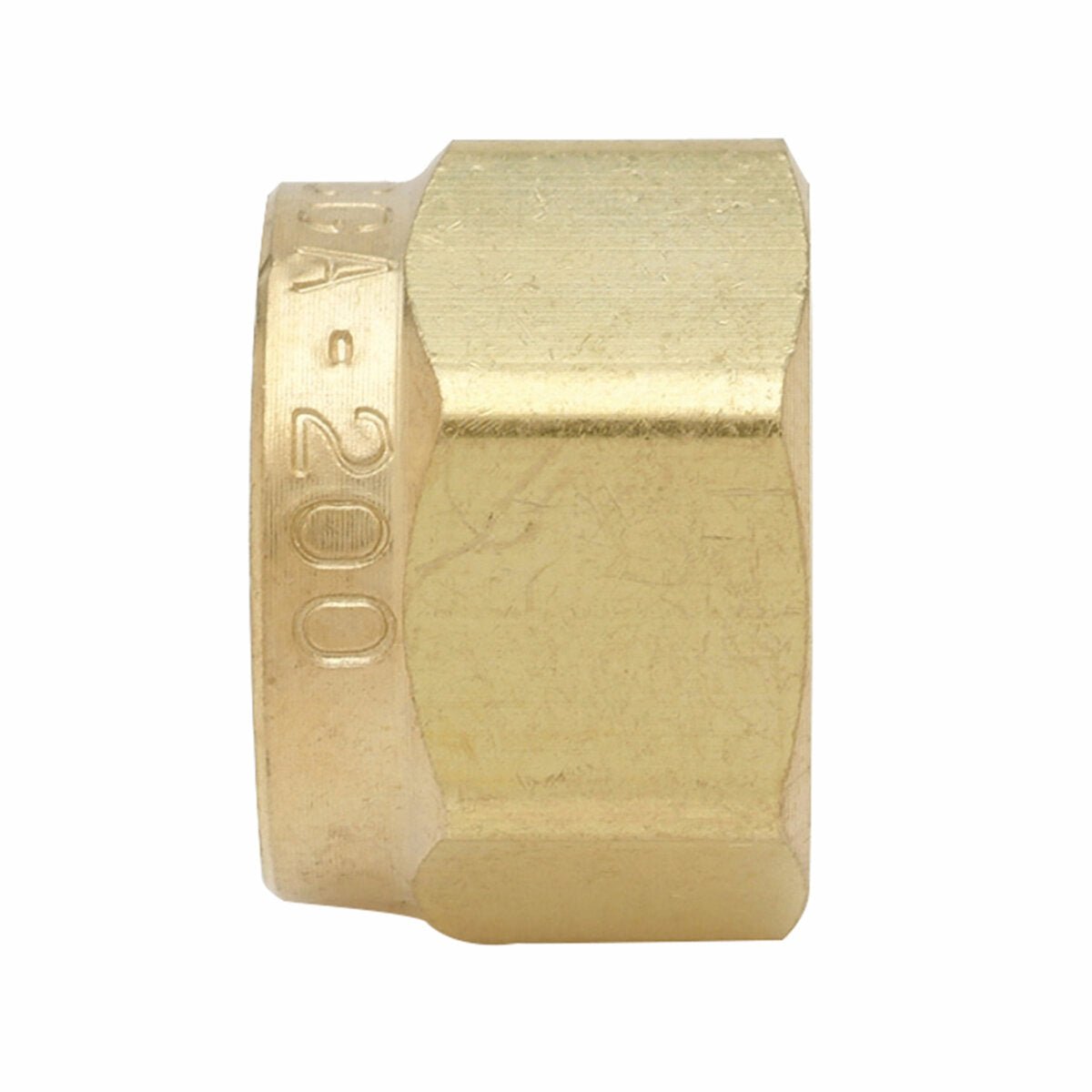 A close-up of the Harris NUT, CGA 200 - 9005132 brass hexagonal pipe cap with engraved edge markings, shown new and unused on a plain white background.