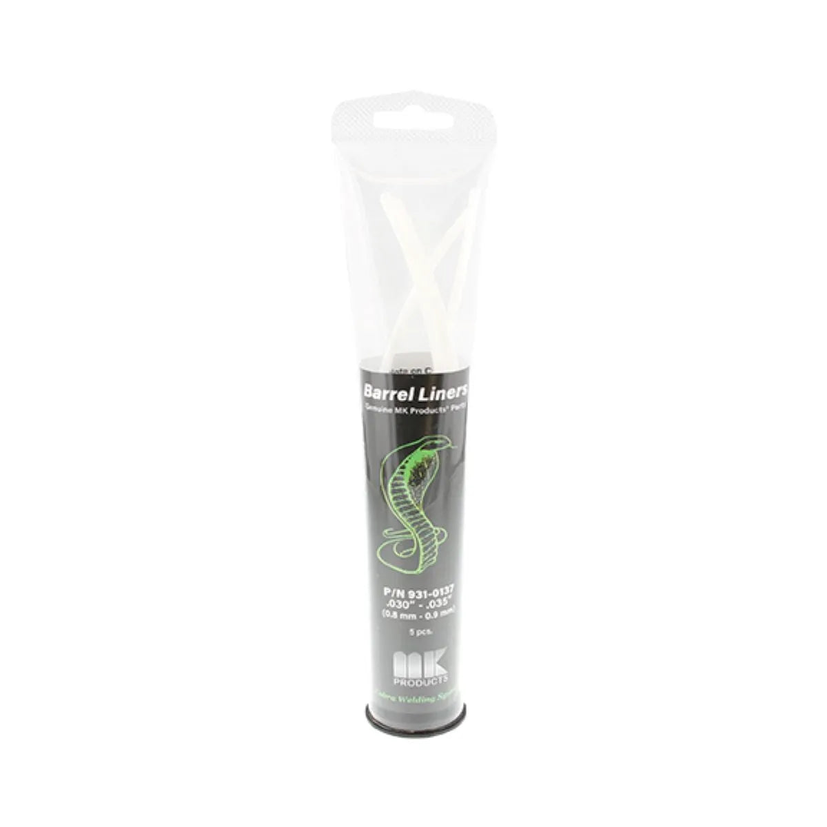 A clear plastic tube containing .030 - .035 wire liners with a black label featuring a green cobra illustration and product information, standing upright against a white background. Ideal as an MK Products welding gun barrel liner replacement.