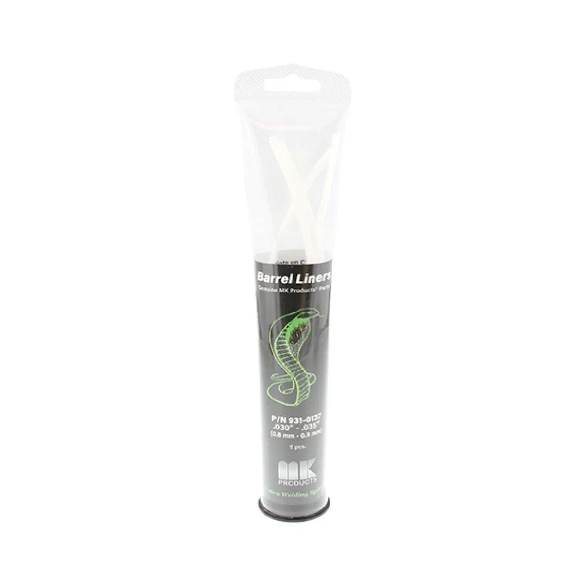 A clear plastic tube containing .030 - .035 wire liners with a black label featuring a green cobra illustration and product information, standing upright against a white background. Ideal as an MK Products welding gun barrel liner replacement.
