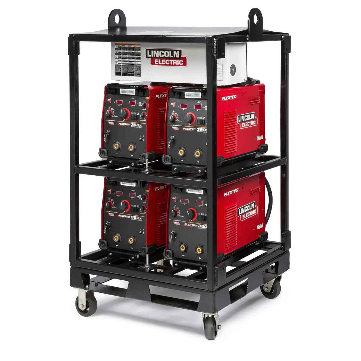 A black metal cart with wheels and a Lincoln Caster Kit K2665-1 holds four red Lincoln Electric Flextec 350X welders on two shelves, plus a white “LINCOLN ELECTRIC” control unit above—an organized, mobile industrial inverter rack.
