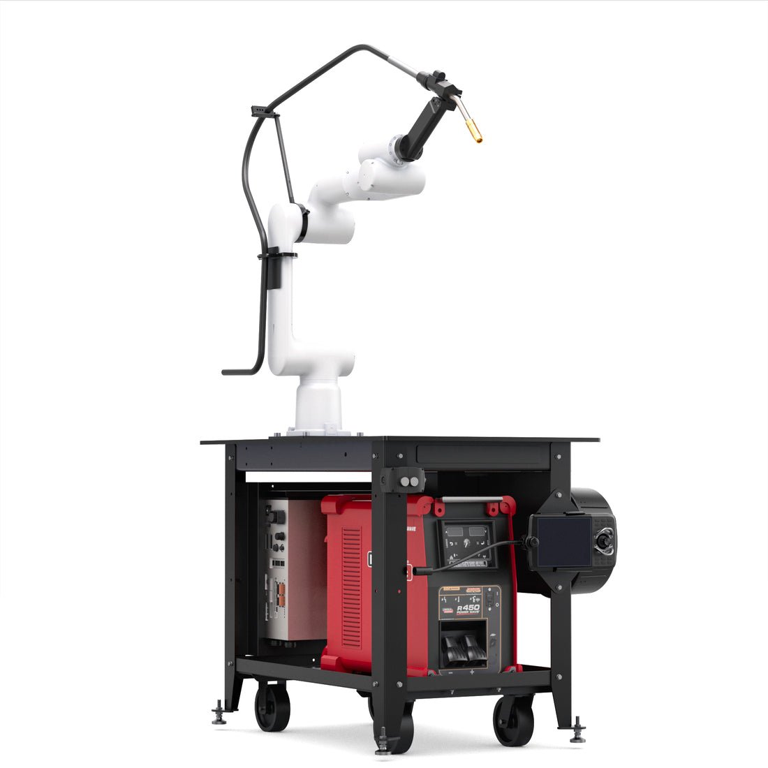 Lincoln ClassMate GoFa-5 Cobot Trainer AD2446-27U robotic welding system with red welder, control box, and cables on table.
