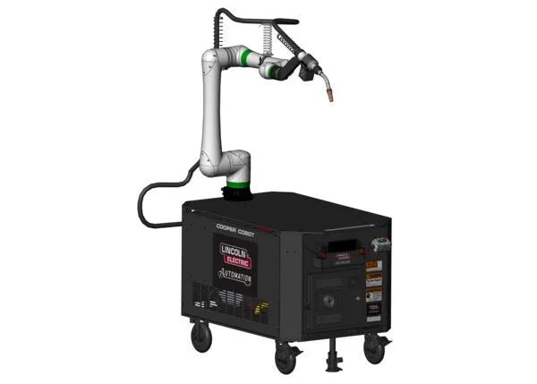 Lincoln Cooper CRX-10iA/L Aluminum Welding Cobot Cart with robotic arm, control panels, and wheels for automated welding tasks.