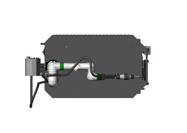 Lincoln Cooper CRX-10iA/L Aluminum Welding Cobot Cart with robotic arm, top welding automation tool, on dark platform, white backdrop.