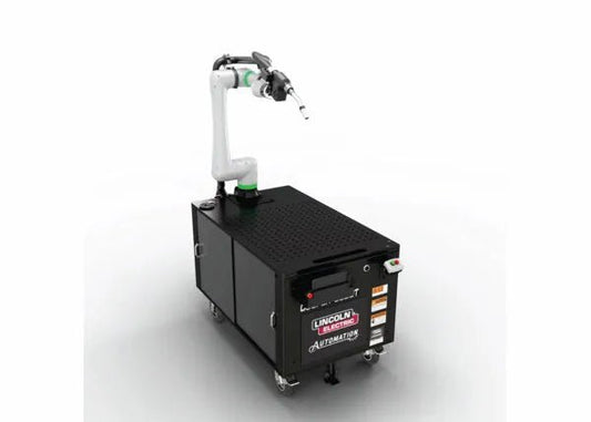 Lincoln Cooper CRX-10iA/L Aluminum Welding Cobot Cart with robotic arm, Lincoln Electric logo, control panels, and wheels.