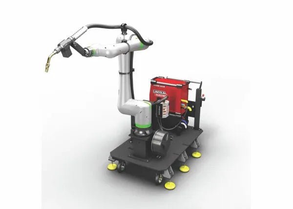 Lincoln Cooper CRX-25iA Welding Cobot Cart Gen II with robotic welding arm, red control unit, yellow stabilizers for aluminum welding.